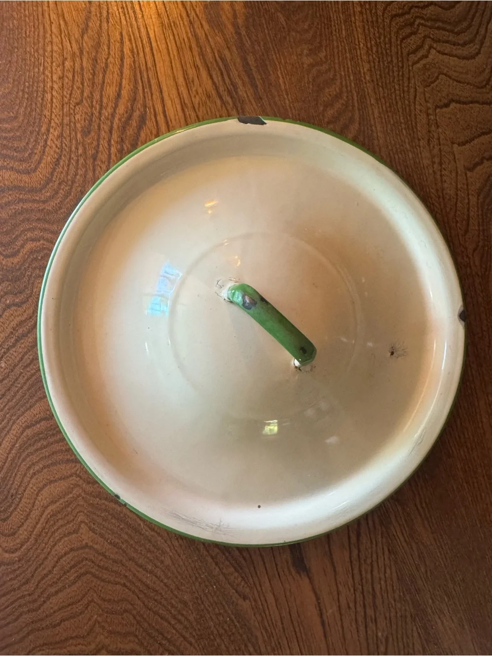 30’s-50’s era Enamel lid only for pan or stockpot in cream and green country MCM